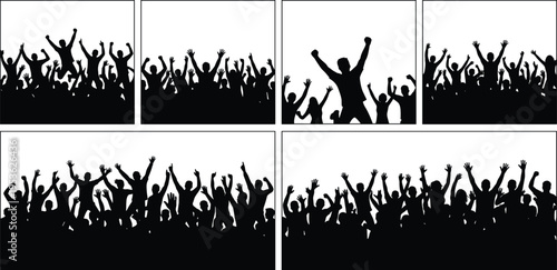 Excited cheering crowd silhouettes with raised hands, celebration energy, festival audience concept, party atmosphere, concert vibe, unity and happiness, black silhouette design
