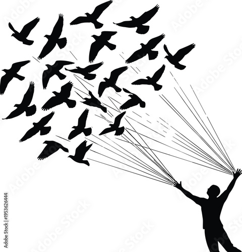 Flying birds silhouettes connected to person by lines, freedom and imagination concept, black vector illustration for creativity, dream, release and artistic expression theme