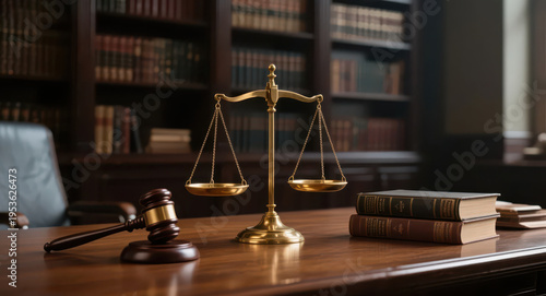 In a lawyer's office, a gavel, scales of justice and legal books are displayed on the desk, creating a professional and rigorous legal consultation scene, making it a material image suitable for legal
