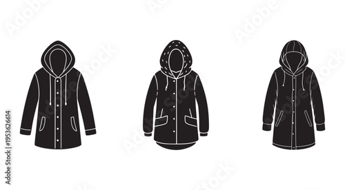 Three black hooded jackets with white outlines and buttons  isolated on white background