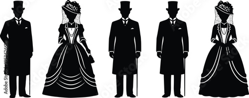 Victorian couple silhouette set, elegant man and woman in vintage outfits, aristocratic fashion characters, classic black vector isolated background