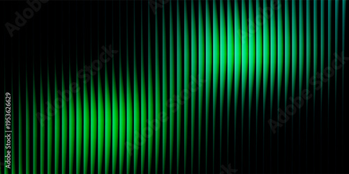 Dark green neon gradient ribbed glass. Vector ribbed glass texture background. Mesh gradient. acrylic ribbed bath surface. Reeded glass background semitransparent overlay. Bath wall window