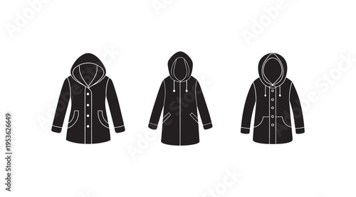 Three black hooded jackets with white outlines and different designs  isolated on white background