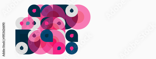 Abstract composition featuring overlapping circles. Pink, navy, coral hues dominate white background. Modern, playful design.