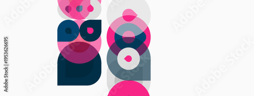 Abstract shapes overlap, creating playful figures. Pink, blue hues dominate white background. Minimalist design, modern aesthetic.