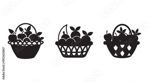 Three black silhouette baskets filled with apples and leaves on white background  fruit baskets with different designs and apple arrangements