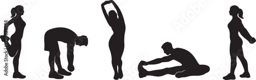 A collection of black silhouettes showing various people performing different stretching exercises