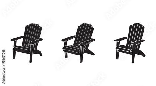 Three black silhouettes of wooden Adirondack chairs in different positions on white background  furniture for outdoor relaxation and leisure activities