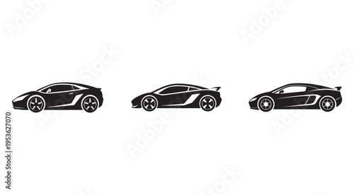 Three black sports car silhouettes in different angles on white background  side view  fast cars  vehicle icons