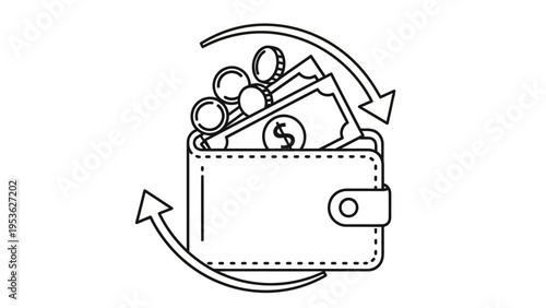 Wallet with Cash and Coins Illustration.