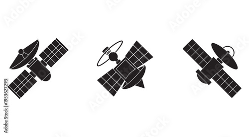 Three different black satellite silhouettes with solar panels and antennas in various orientations  isolated on white background