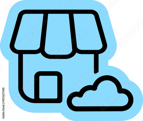 Blue cloud with storefront shop building ecommerce network icon