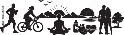 A black and white silhouette graphic representing healthy lifestyle activities and fitness wellness