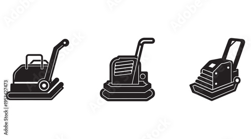 Three different plate compactor machines for construction and paving  industrial equipment for soil and asphalt compaction