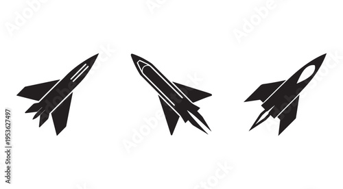 Three different rocket ship icons in various flight positions on white background  space exploration symbols