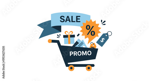 Shopping cart with sale promo labels.