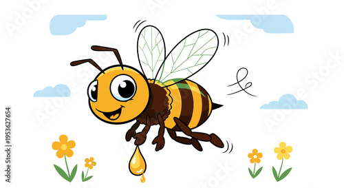 Smiling cartoon bee flying happily.