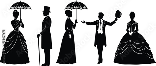 Victorian couple silhouette set, elegant men and women with umbrella and gown, aristocratic vintage characters, black vector isolated background