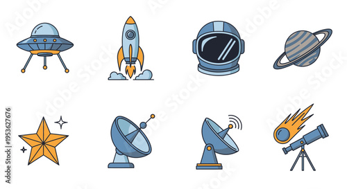 Space objects and astronomy equipment icons 8.