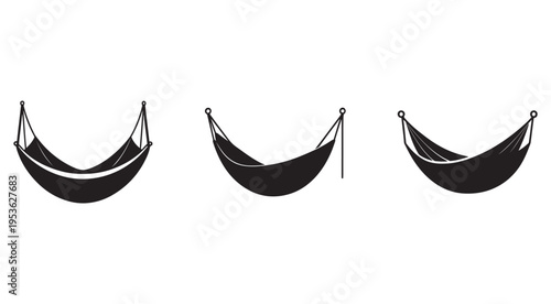 Three hammock silhouettes in different positions on white background  relaxation and leisure outdoor furniture