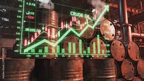 Industrial oil barrel standing against glowing digital financial stock market chart and data graph representing global energy trade economy growth and crude petroleum commodity price surge