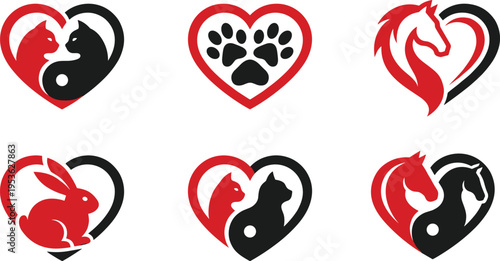 Pet and animal love logo set, dog cat horse rabbit heart icons, veterinary care symbols, modern flat vector branding collection isolated background