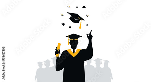 Graduate in cap and gown celebrating.