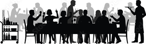 Restaurant dining silhouettes with people eating and waiter serving food, social gathering scene, black vector illustration for hospitality, dinner, party and lifestyle concept
