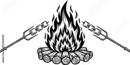 Campfire with marshmallows roasting sticks, outdoor camping illustration, bonfire wood logs flame vector, camping food concept, wilderness night activity design