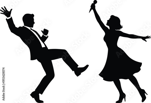 Singing and dancing couple silhouettes with microphone performance, black vector illustration of music entertainment, celebration, stage show and lively artistic expression concept
