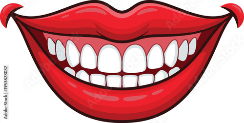 Smiling red lips with detailed white teeth, glossy mouth vector illustration for beauty, dental care, cosmetics, fashion advertising and healthy smile concept