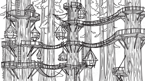 Intricate black and white illustration of an expansive whimsical treehouse village nestled deep within a magical forest, inviting imaginative adventures