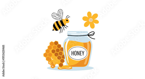 Jar of honey with bee nearby.