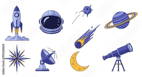 Space objects and astronomy equipment.