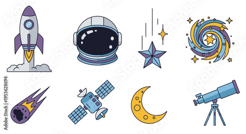 Space objects and astronomy equipment.