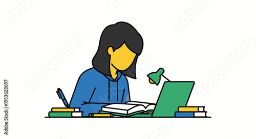 Woman studying with laptop and books.