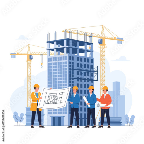 Architects and Engineers Collaborating on High-Rise Building Project with Blueprints and Cranes