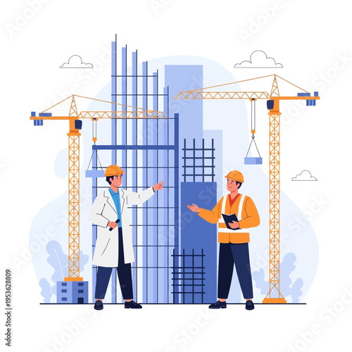 Construction architects and engineers discussing a skyscraper project with cranes at the building site