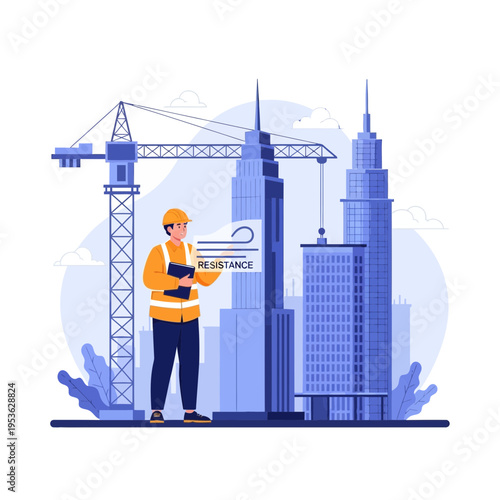 Construction engineer analyzing wind resistance data for modern skyscraper development