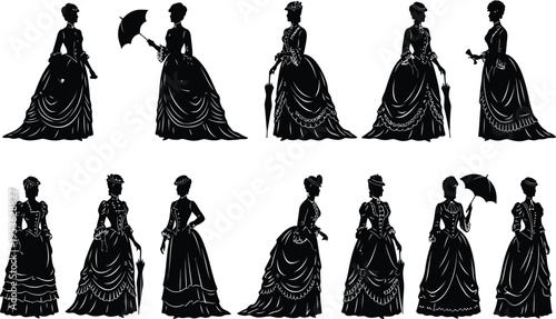 Victorian women silhouette set, elegant lady figures in vintage gowns with umbrella and accessories, aristocratic fashion characters, black vector isolated
