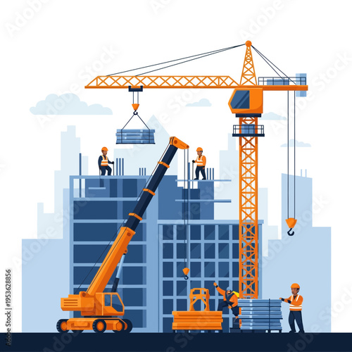 Construction workers operating cranes and handling materials on a building site