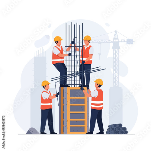 Construction workers meticulously installing rebar for a new building pillar