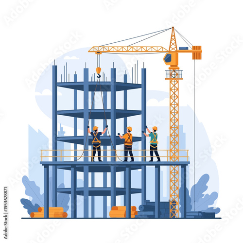 Construction workers diligently assembling a skyscraper with a towering crane on a blue and orange industrial site