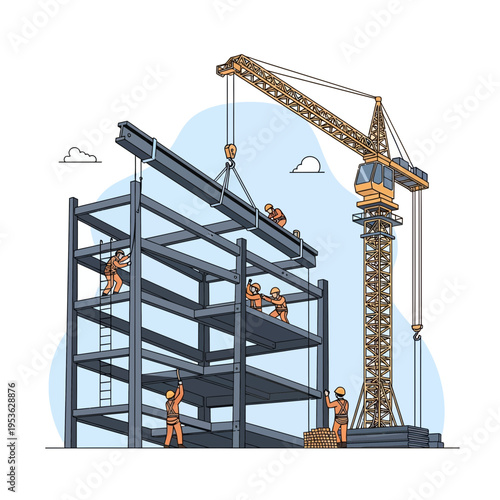 Construction workers installing steel beams on a building structure with a crane lifting materials