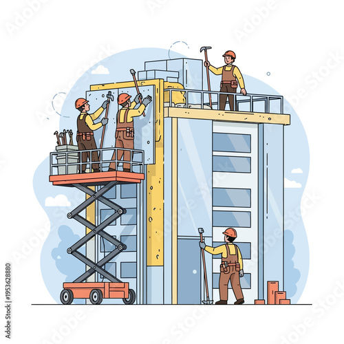 Construction workers installing facade panels on a modern high-rise building using a scissor lift and scaffolding