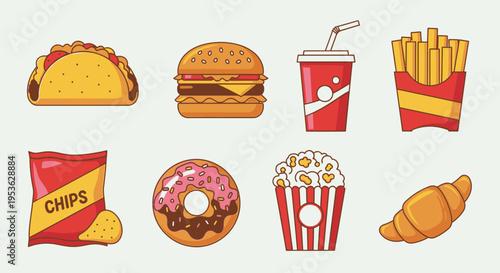 Fast food items on white background.