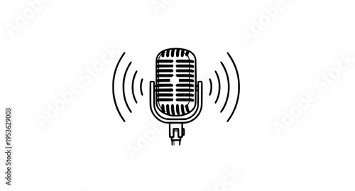Vintage style studio microphone icon with sound wave lines representing audio recording broadcast Vector