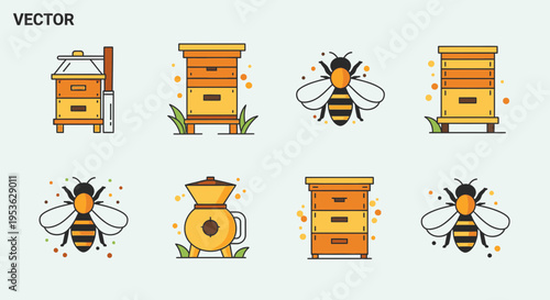 Bees and beehives in various positions.