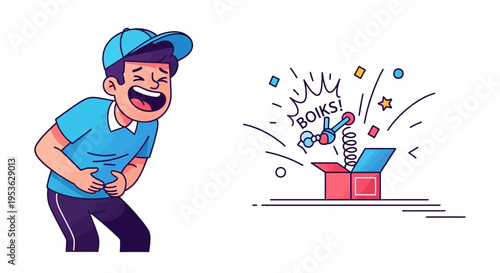 A cheerful cartoon delivery man laughing at a prank gift box on April Fools' Day with colorful confetti and stars