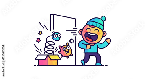 A cheerful cartoon boy in a blue outfit and hat playfully springs a surprise on a friend with colorful stars and a spring popping out of a gift box on April Fools' Day